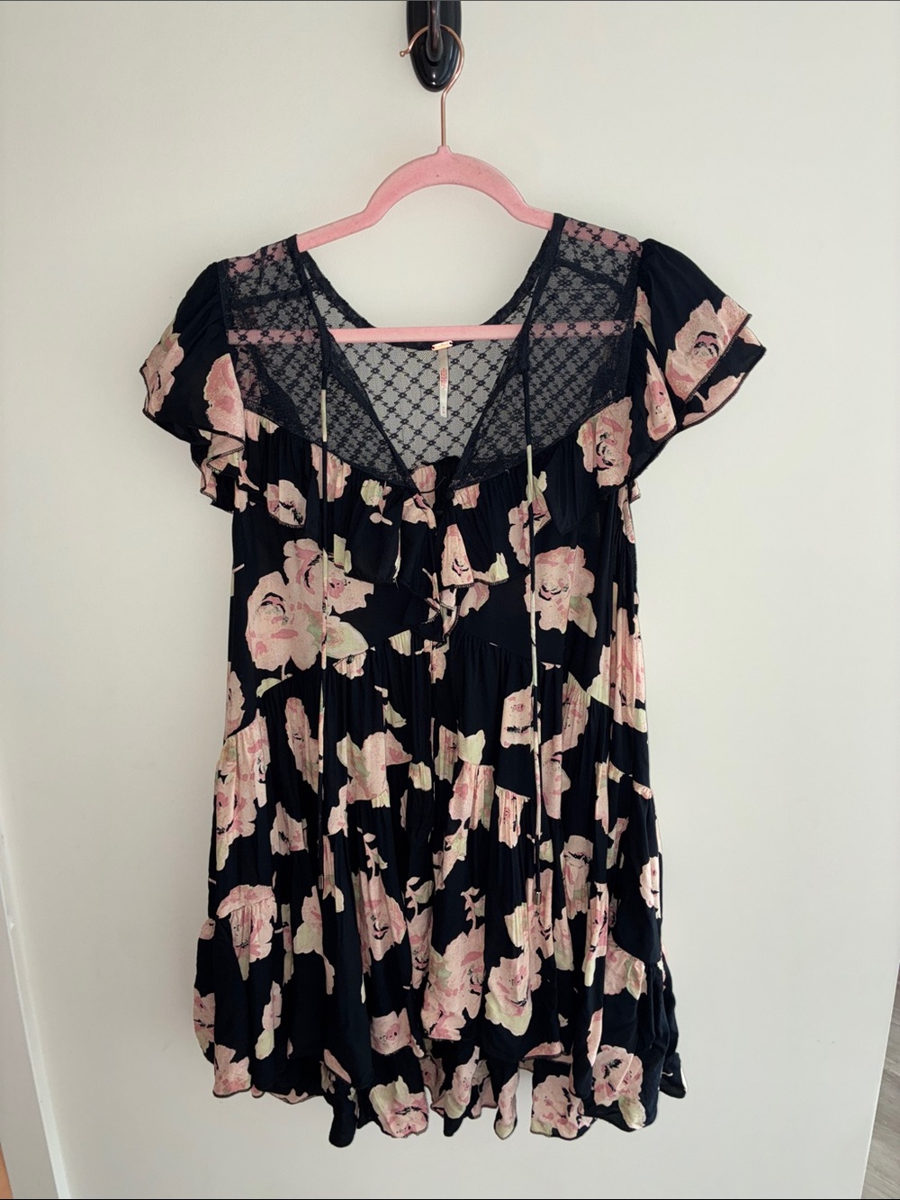Free People Black Lace Floral Babydoll Dress with Pink Roses WITH FLAW